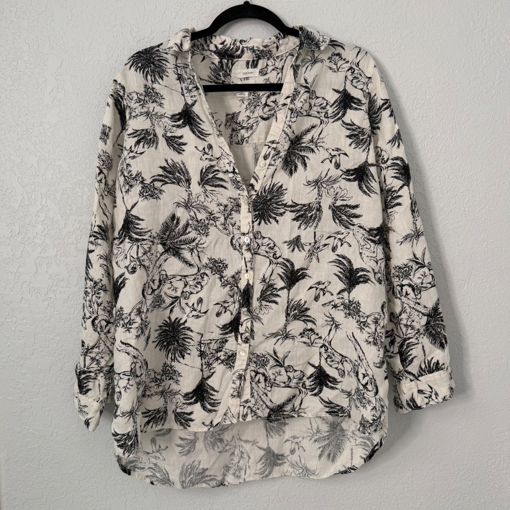 Joie Womens L 100%‎ Linen Tropical Monkey Toile Button Down Shirt Black White
